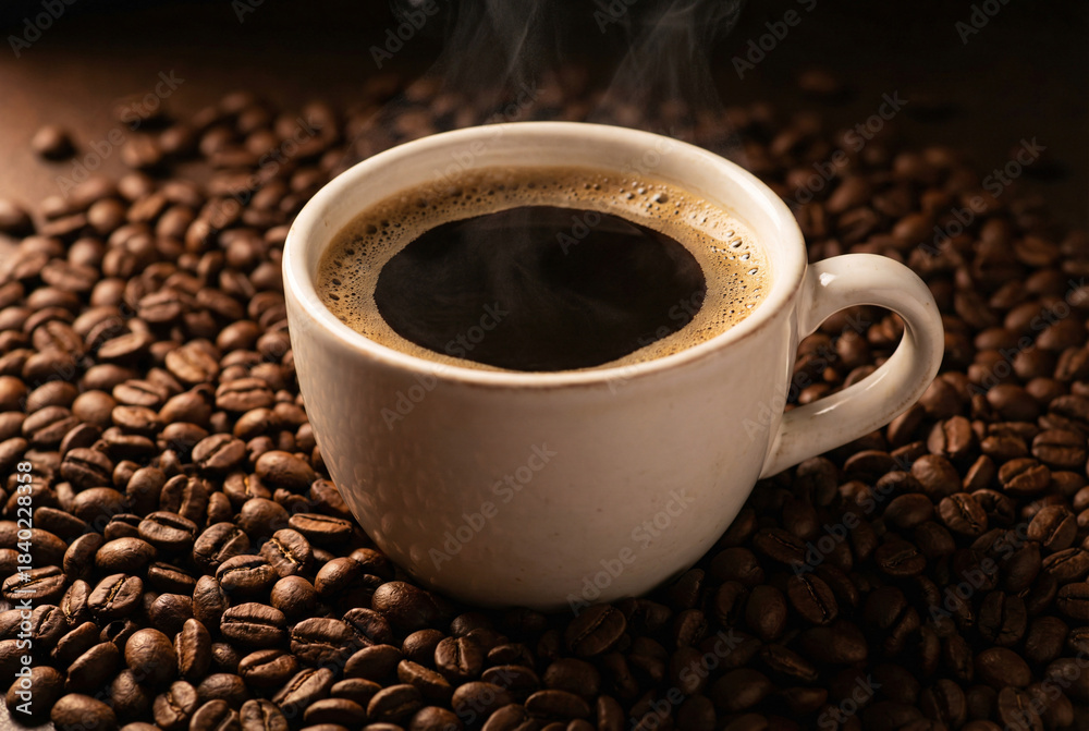 Fototapeta premium Steaming black coffee in white cup on roasted beans, hot espresso breakfast drink, cafe, caffeine and energy concept.