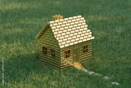 3D model of toy house built from gold bar bricks on green grass symbolizes high housing costs. Perfect for real estate market analysis, property investment content, financial news illustrations, 