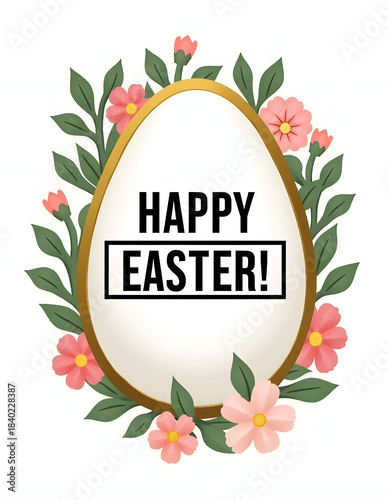 Happy Easter greeting with floral egg design on white background