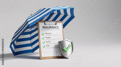 Blue umbrella over insurance checklist and shield with green check, risk protection, coverage and financial security.