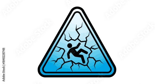 Warning Sign Illustrating a Slip Hazard on a Fractured Blue Background