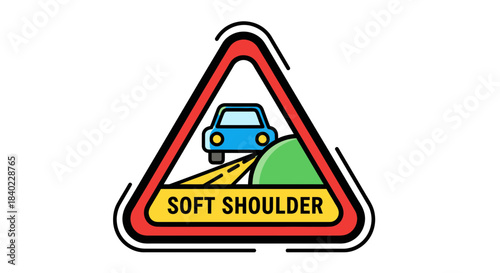 Warning Sign Illustrating a Soft Shoulder Road Hazard in Bright, Eye-Catching Style