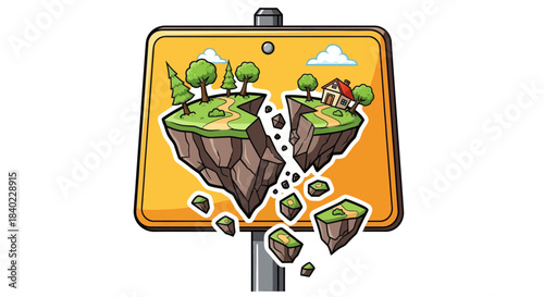 Warning Sign Illustrating Land Fracture And Environmental Destruction Depiction