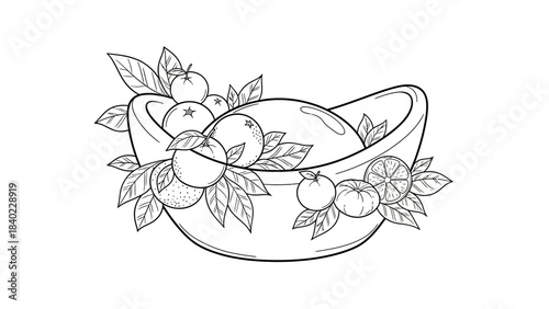 Chinese Yuan Bao Shaped Bowl Filled With Fruits and Leaves.