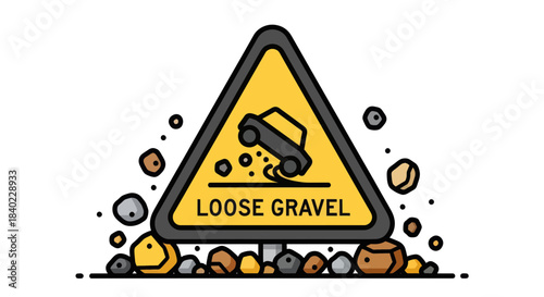 Warning Sign Illustrating Loose Gravel Condition And Potential Driving Hazards