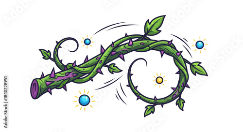 Vibrant Green Thorns Illustration: Artistic Vine Design Adorned With Dynamic Elements