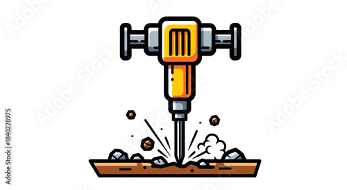Vibrant Illustrated Construction Equipment Icon Depicting a Jackhammer in Action Against Flat