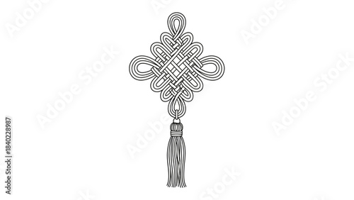 Intricate Chinese Knot Ornament with Tassel Detailed Line Art.