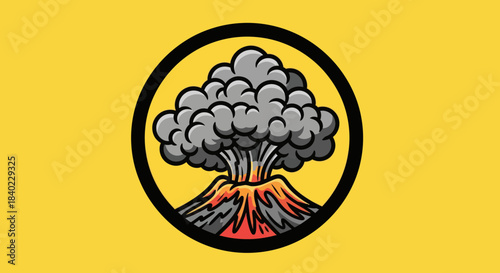 Volcanic Eruption Illustration Inside A Black Circle On A Yellow Background Design