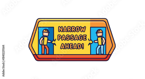 Warning Sign Indicating a Narrow Passage Ahead With Construction Workers on Both Sides