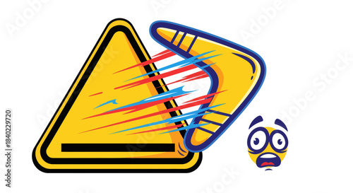 Warning Sign Confronted By Speeding Boomerang And Expressive Cartoony Facial Features