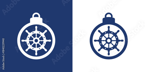 Tiempo de Navidad. Logo con silueta de bola de navidad con volante de timón de barco para tarjetas y felicitaciones