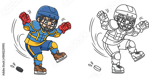 A humorous vector illustration of a child hockey player stumbling on ice For a coloring book a cute little skater falls with a puck in both color and outline