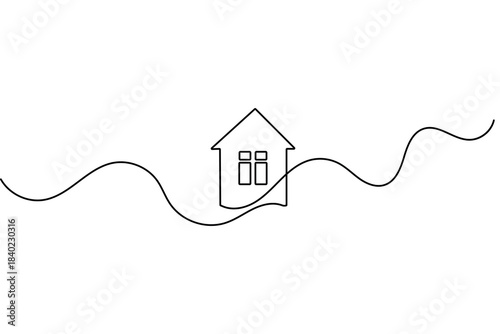 Continuous line drawing house, minimalist property concept symbol.