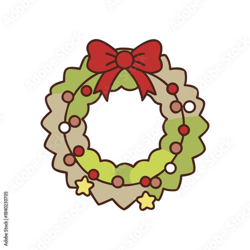 Christmas wreath with red ribbon isolated on white. Vector illustration.