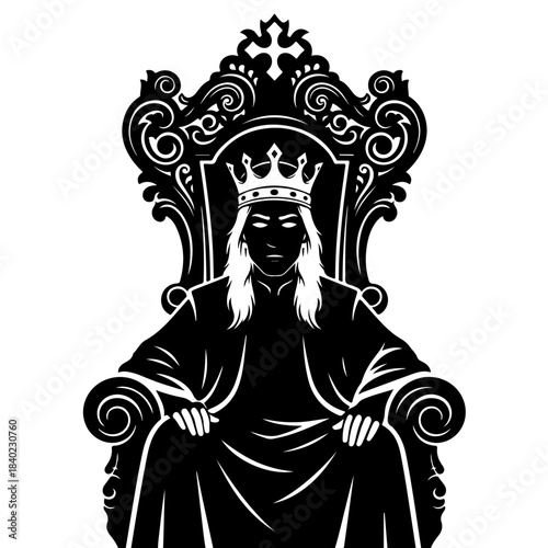Black and white graphic illustration of a crowned figure with long hair sitting on an ornate royal throne, depicting power and mystery.