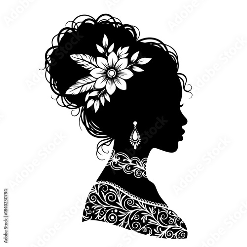 A detailed black silhouette of a woman in profile with an elaborate floral updo, ornate earring, and intricate patterns on her neck and shoulder.