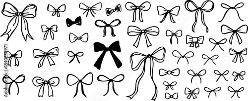 Hand drawn black bows on transparent background