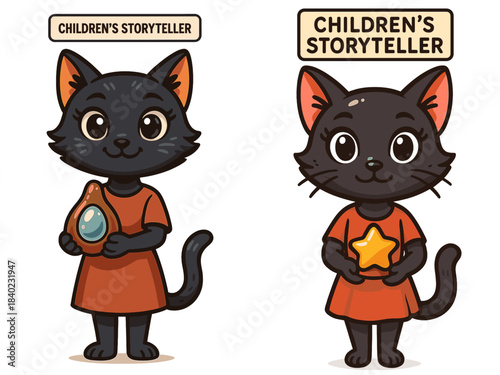 Cute black cat characters as children's storytellers with magical story elements in simple designs