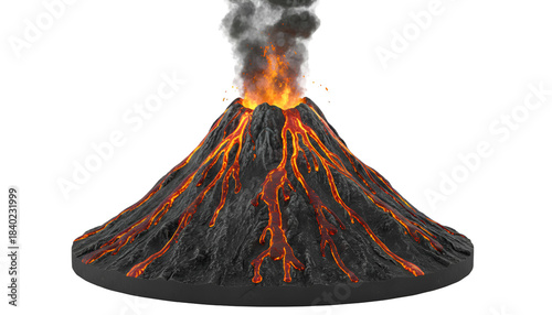 Majestic Volcano Eruption: Fiery Lava Flows & Billowing Smoke - Nature's Raw Power Unleashed Isolated on Transparent Background