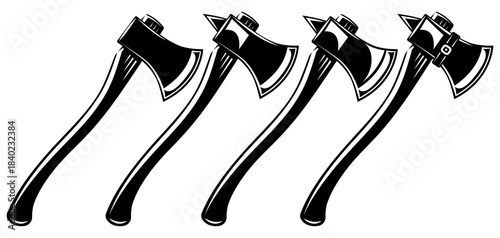 Set of Four Vintage Axes with Wooden Handles for Lumberjack or Woodworking Design.