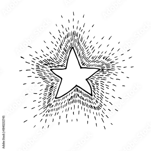 outline of a star surrounded by radiant light rays or a burst effect. Vintage element