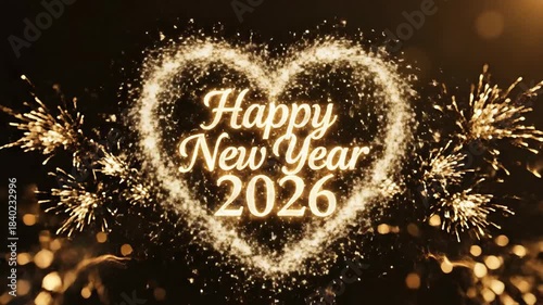 Animated fireworks display with happy new year 2026 text