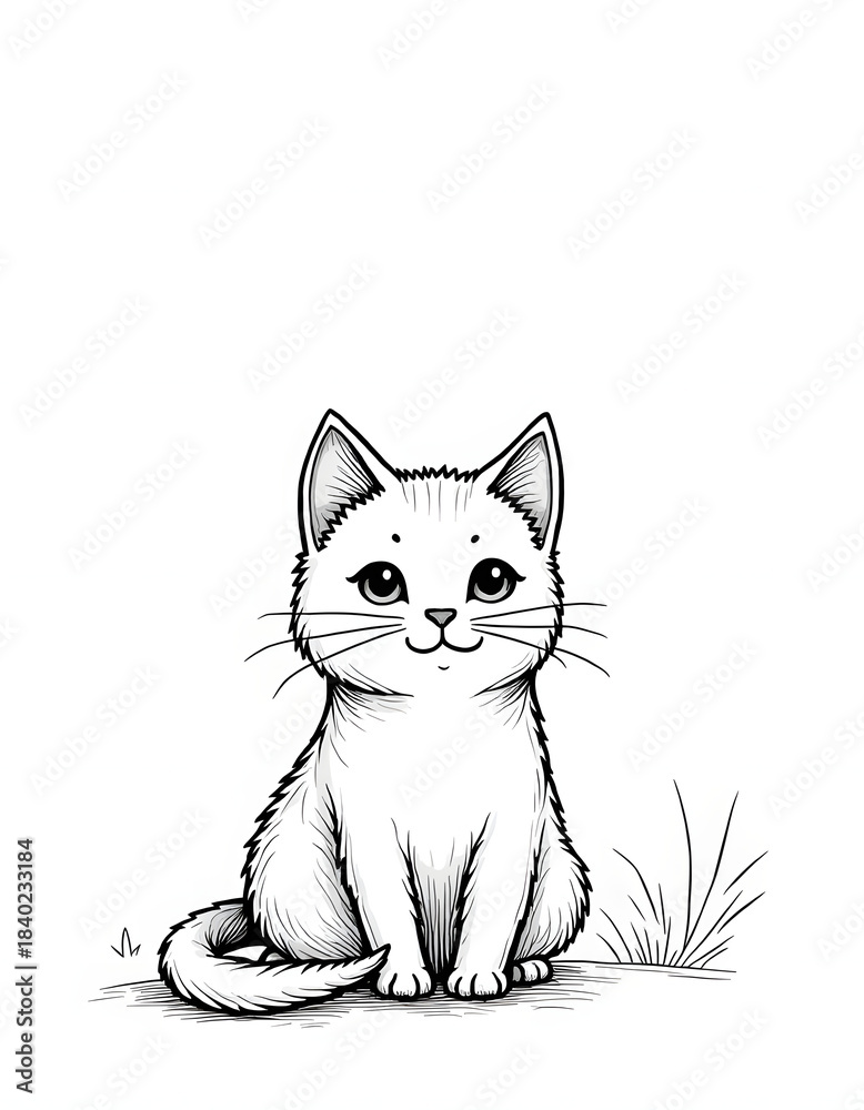 Obraz premium Adorable cartoon kitten sitting, black and white illustration on white background