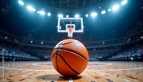 Basketball on the court with the hoop in the background, ready for the game