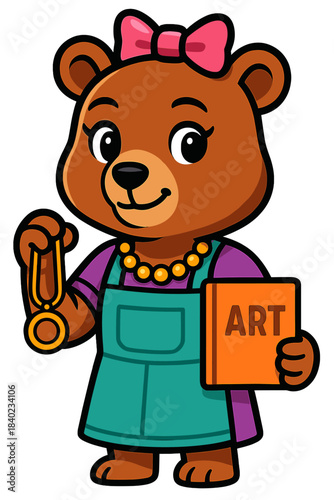 Cute bear character holding a medal and art book in a cheerful pose at an art event