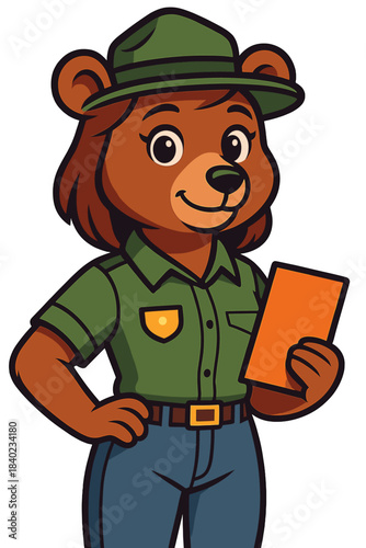 Park ranger bear character standing with a map in a friendly pose showcasing nature conservation theme