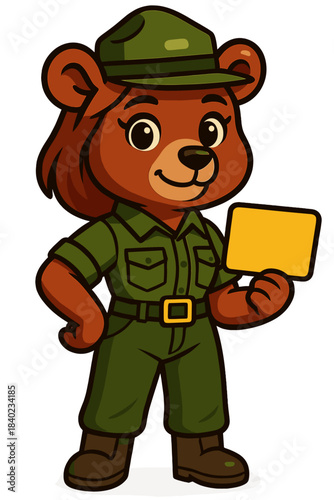 Cute cartoon bear ranger holding a sign, promoting wildlife awareness in a playful outdoor setting