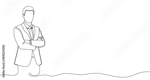 Man in a suit in one line art style. Business man with crossed arms drawing with editable black stroke on white background. Vector illustration.