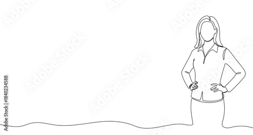 Woman in a shirt and skirt in one line art style. Business woman with hands on hips drawing with editable black stroke on white background. Vector illustration.