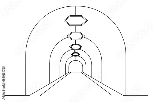 Minimalist Tunnel Lighting. Smart lighting system. Minimalistic one-line drawing underground tunnels lit by
