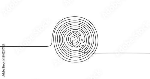 Circular spiral or labyrinth in one line art style. Drawing with editable black stroke on white background. Vector illustration.