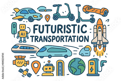 Futuristic Transport Icons. Futuristic Transportation. Hand-drawn doodle illustration of Futuristic