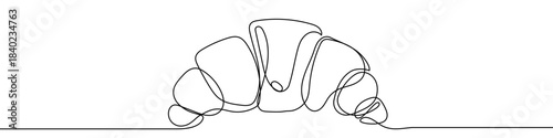 Classic croissant or pastry in one line art style. Croissant drawing with editable black stroke on white background. Vector illustration.