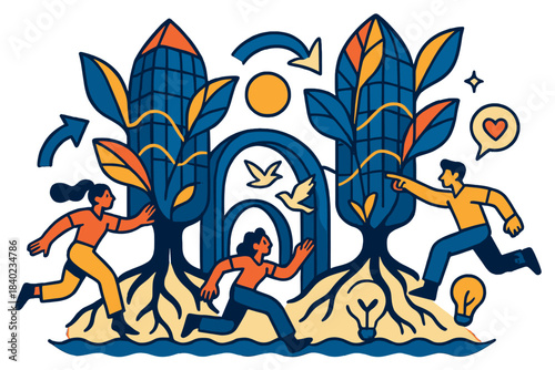 Organic Skyscraper Symphony. Organic skyscrapers. Towering structures with roots descending into water, birds