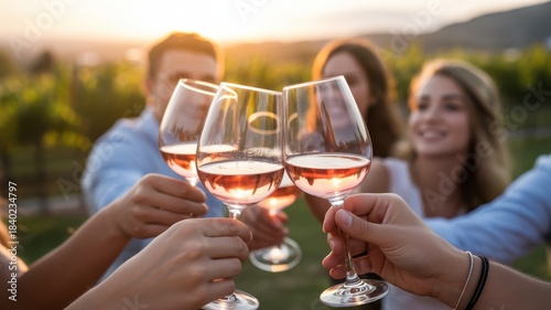 Friends toasting with rose wine glasses at sunset in vineyard image