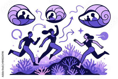 Floating Eco-Pods Symphony. Hybrid habitats. Floating eco-pods shaped like seashells, hovering above coral