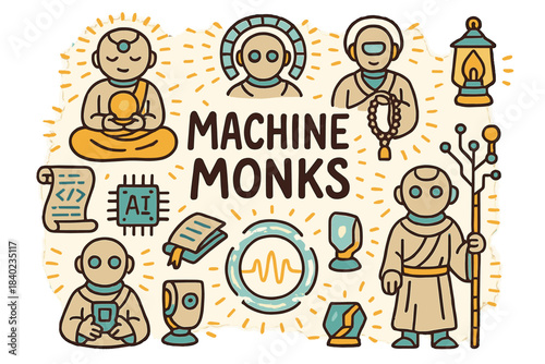 Machine Monks Meditation. Machine Monks. Hand-drawn doodle illustration of Machine Monks. Robotic monk, energy