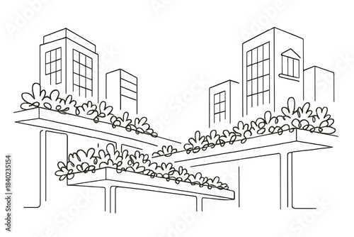 Urban Green Walkways. Urban green corridors. Minimalistic one-line drawing elevated walkways lined with plants