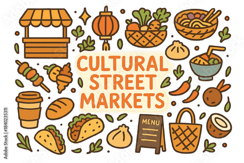 Vibrant Street Markets. Cultural Street Markets. Hand-drawn doodle illustration of Cultural Street Markets.