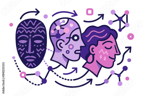 Cultural Data Fusion. Cultural algorithms. Abstract human masks transform into data nodes patterns of