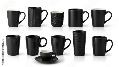 Collection of stylish black coffee mugs and cups on a white background