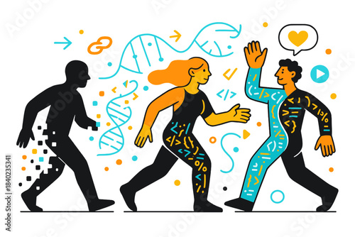 Digital Human Evolution. Digital evolution. Human silhouettes dissolve into data particles and reform as