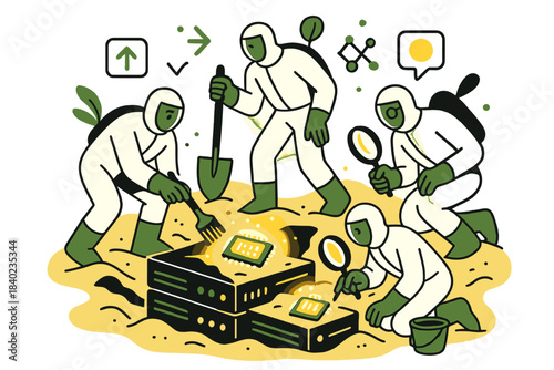 Futuristic Data Excavation. Archaeology of data. Scientists in futuristic suits excavate old servers buried in