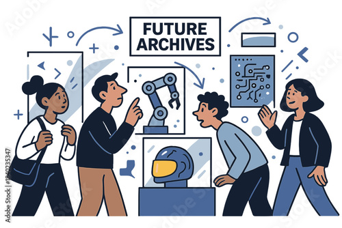 Human-Machine Museum. Future archives. A museum of human–machine artifacts: glowing helmets, robotic tools,