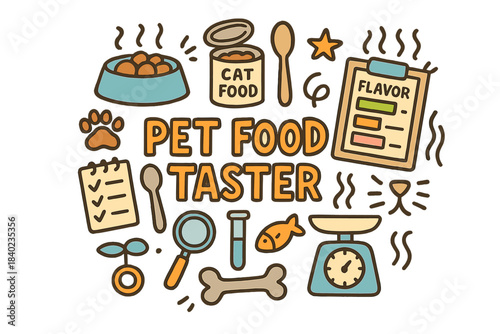 Pet Food Taster Doodle. Pet Food Taster. Hand-drawn doodle illustration of Pet Food Taster. Dog bowl, cat food